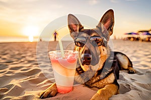 German Shepherd dog is relaxing on the beach with a cocktail. The concept of summer tourism. Generative AI