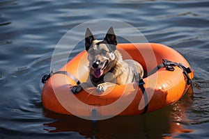 German Shepherd dog in rubber boat in ocean. Generative AI