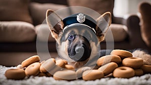 german shepherd dog A Shepherd puppy with a comical expression, wearing a tiny police hat and sitting next to a pile of doughnuts