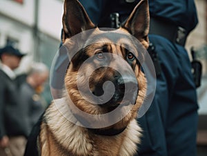 A german shepherd dog sitting in front of a police officer. AI generative image.