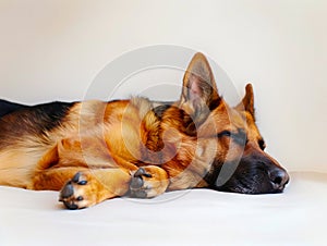 A german shepherd dog sleeping on a white bed