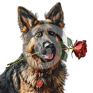 A German Shepherd dog,smiling, happy expressio, rose,Valentine's day concept, Romantic,on white background,Generated AI