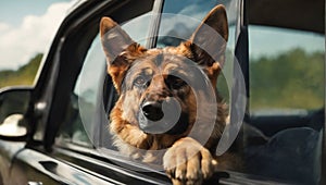 German Shepherd Dog Sticking Head Out Driving Car Window