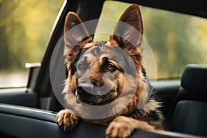 German Shepherd Dog Sticking Head Out Driving Car Window