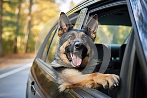 German shepherd dog sticking out of car window in autumn forest. Dog looking out of car window, German Shepherd Dog Sticking Head