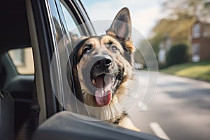 German shepherd dog sticking out of the car window and showing tongue, German Shepherd Dog Sticking Head Out Driving Car Window,