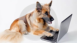 German Shepherd Dog working on laptop computer