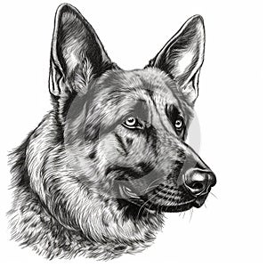 German Shepherd, engraving style, close-up portrait, black and white drawing, cute dog