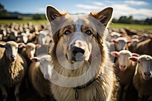 german shepherd between a flock of sheep.