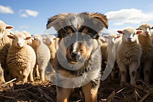 german shepherd between a flock of sheep.