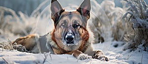 A German Shepherd, a herding dog breed, lies in the snow