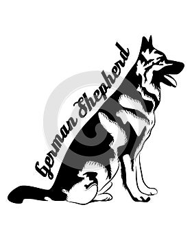 German shepherd line art, silhouette, tribal. Typography. Freehand vector illustration.