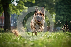 a german shepherd in a park, tail sweeping the grass in chase