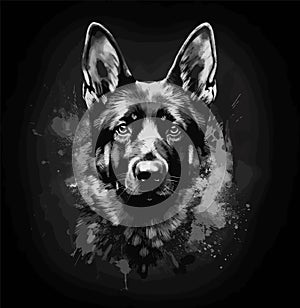 German Shepherd portrait vector. Black and white