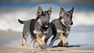 Cute German Shepherd puppy pals running on the beach with their tails wagging.