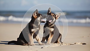 Two cute German Shepherd puppies playing and barking on the beach