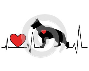 German Shepherd silhouette heartbeat line vector illustration