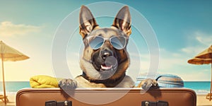 German Shepherds Sunny Retreat Suitcase Adventure and Stylish Sunglasses - travel and holiday concept. Generative AI