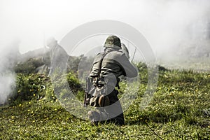 German soldiers. Historical reconstruction, soldiers fighting during World War II.