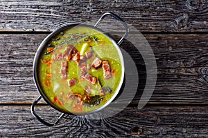 German split pea soup with bacon, copy space