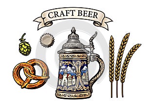 German stein beer mug, Bavarian pretzel, hop cone, bottle cap, barley ears, banner with text Craft Beer. Vector