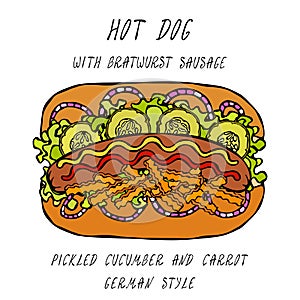 German Style Hot Dog Bratwurst Sausage, Lettuce Salad, Pickled Cucumber and Carrot, Mustard, Ketchup. Fast Food Collection. Realis