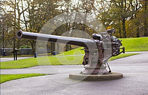 German U Boat deck gun at the Cenotaph in Bangor`s Ward Park on a dull morning in County Down Northern Ireland