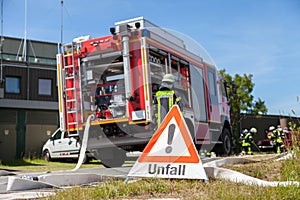 German Unfall accident sign near a fire truck