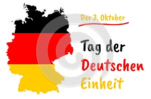 German Unity Day Tag der Deutschen Einheit vector greeting card with country silhouette and congratulatory tricolor text
