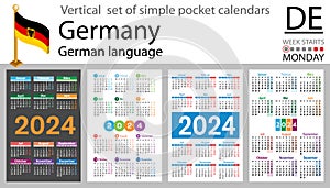 German vertical set of pocket calendar for 2024. Week starts Monday