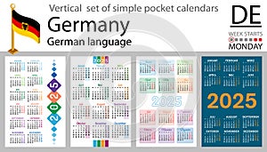 German vertical set of pocket calendar for 2025. Week starts Monday
