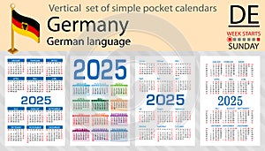 German vertical set of pocket calendar for 2025. Week starts Sunday