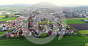 German village aerial view. Small European city aerial view. European town from above. Beautiful small town aerial view