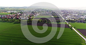 German village aerial view. Small European city aerial view. European town from above. Beautiful small town aerial view