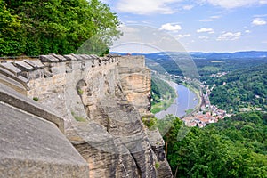 The German village of Hutten. Saxon Switzerland, Germany. View from the fortress Koenigstein. Fortress wall of the fortre