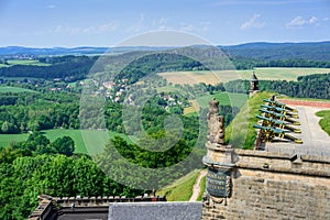 The German village of Hutten. Saxon Switzerland, Germany. View from the fortress Koenigstein. Fortress wall of the fortre