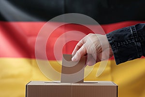 German voter hand closeup casting ballot, political participation concept.