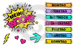 German Weekday labels. Set of comic stickers for week planner