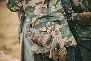 German Wehrmacht Infantry Soldier& x27;s Military Equipment Of World War II. Anti-gas Case Or Gas mask Storage On Soldier