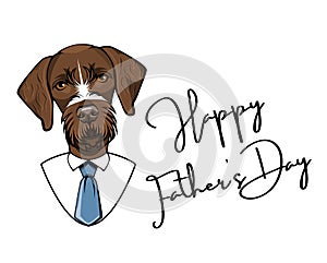 German Wirehaired Pointer dog. Fathers day greeting card. Drahthaar Dad. Mens suit, Necktie, Tie. Vector.