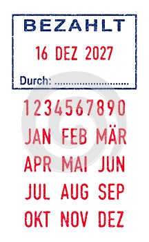 German word Bezahlt Paid and dates ink stamps