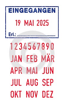 German word Eingegangen Received and dates ink stamps