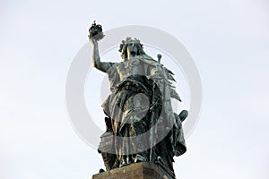 Germania figure topping the Niederwald monument, Rudesheim am Rhein, Germany