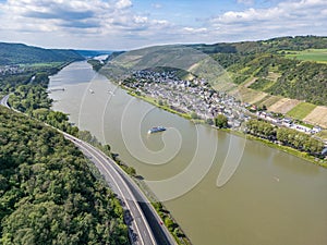 Germany Aerial of the Rhine river in andernach near koblenz viewpoint over village Leutesdorf and the river valley