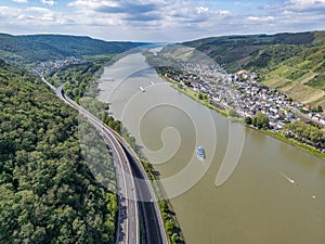 Germany Aerial of the Rhine river in andernach near koblenz viewpoint over village Leutesdorf and the river valley