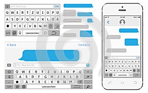 Germany alphabet virtual keyboard. Vector phone chat interface.