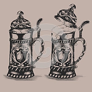Germany, Bavaria National beer mug sketch set. Sketch elements for Oktoberfest festival. Retro hand-drawn vector
