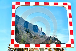 Germany Bavaria Romantic Road. Fussen. Neuschwanstein castle reflected in a mirror