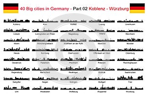 Germany black cities Silhouettes, Koblenz to WÃ¼rzburg