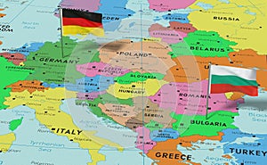 Germany and Bulgaria - pin flags on political map